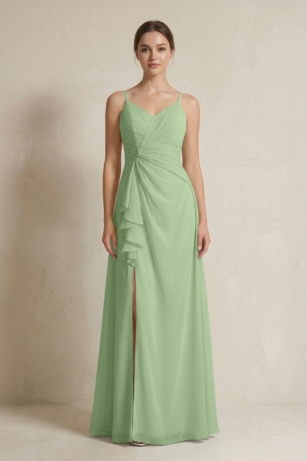 A-Line Ruffled Spaghetti Strap Chiffon Bridesmaid Dress in Matcha