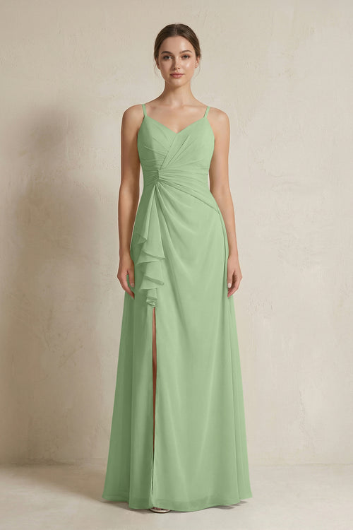 Matcha A-Line Ruffled Spaghetti Strap Chiffon Bridesmaid Dress | KISSBRIDAL