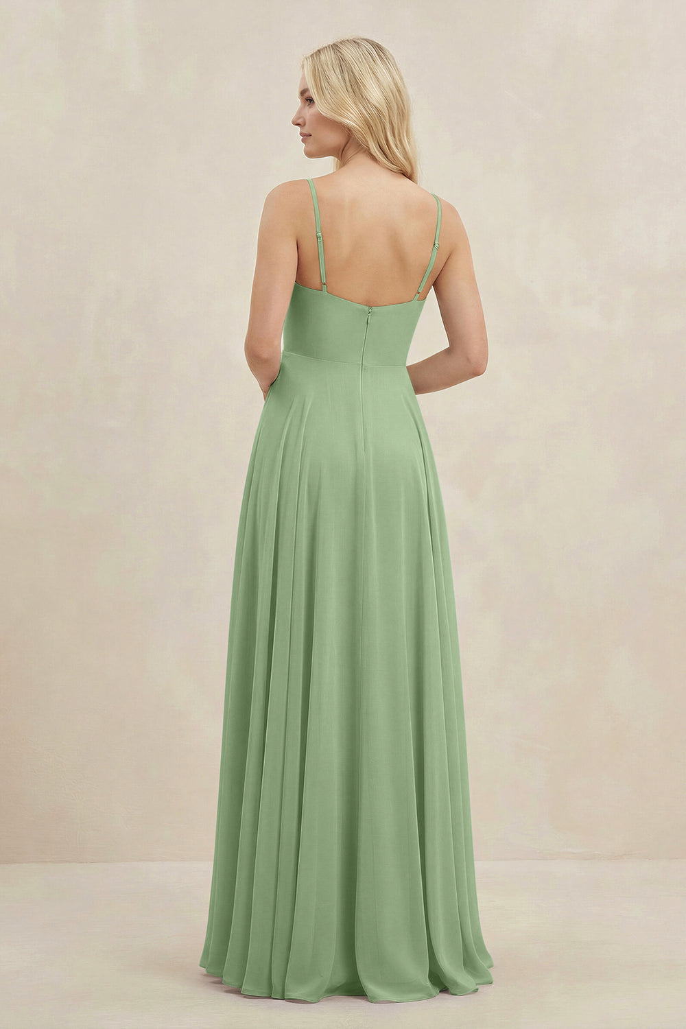 A-Line Spaghetti Strap Chiffon Bridesmaid Dress in Matcha