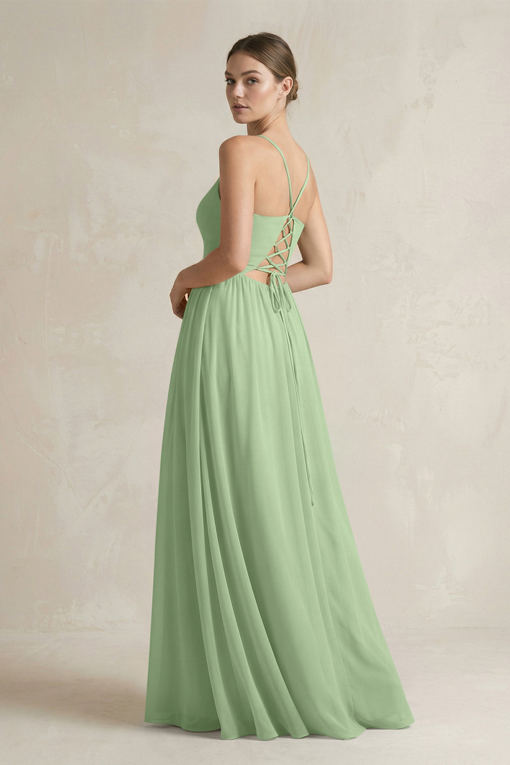 A-Line Spaghetti Strap Chiffon Bridesmaid Dress in Matcha
