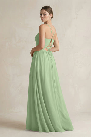 Matcha A-Line Spaghetti Strap Chiffon Bridesmaid Dress (2) | KISSBRIDAL