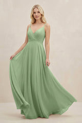 Matcha A-Line Spaghetti Strap Chiffon Bridesmaid Dress | KISSBRIDAL