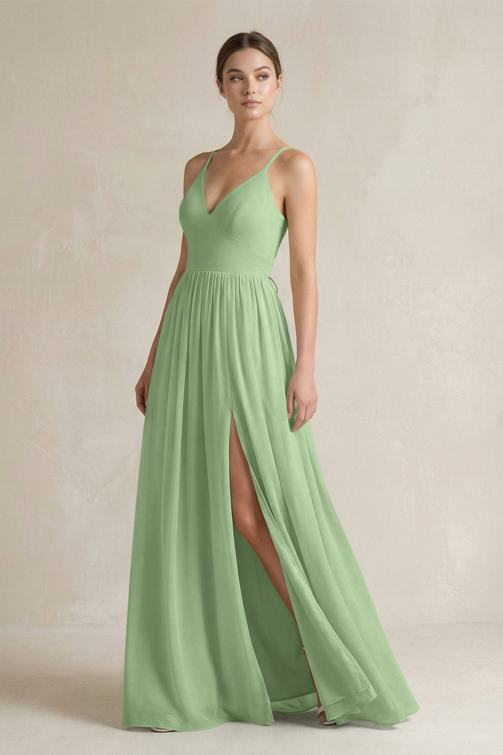 A-Line Spaghetti Strap Chiffon Bridesmaid Dress in Matcha