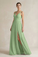 Matcha A-Line Spaghetti Strap Chiffon Bridesmaid Dress | KISSBRIDAL