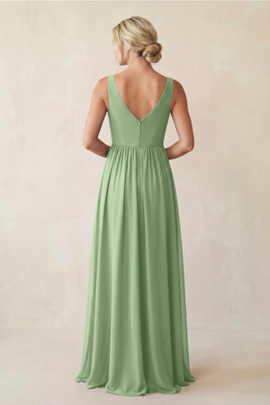 Matcha A-Line V-Neck Pleated Chiffon Bridesmaid Dress (2) | KISSBRIDAL