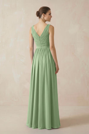 Matcha A-Line V-Neck Pleated Chiffon Bridesmaid Dress (2) | KISSBRIDAL
