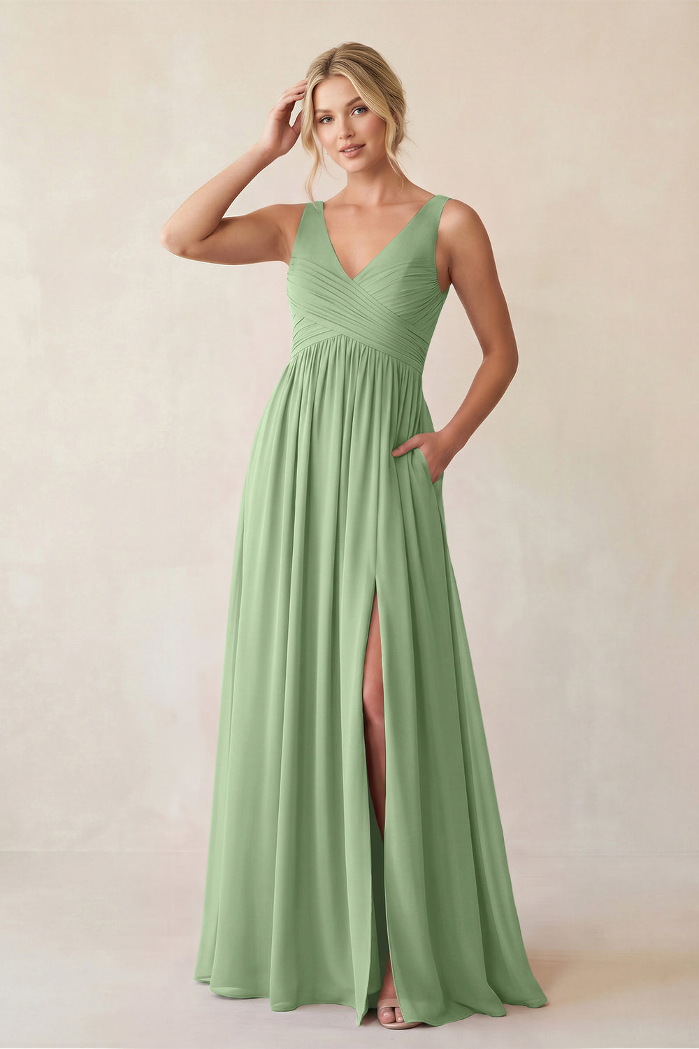 A-Line V-Neck Pleated Chiffon Bridesmaid Dress in Matcha