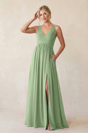 Matcha A-Line V-Neck Pleated Chiffon Bridesmaid Dress | KISSBRIDAL