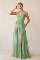 Matcha A-Line V-Neck Pleated Chiffon Bridesmaid Dress | KISSBRIDAL