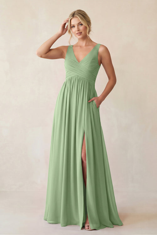 Matcha A-Line V-Neck Pleated Chiffon Bridesmaid Dress | KISSBRIDAL