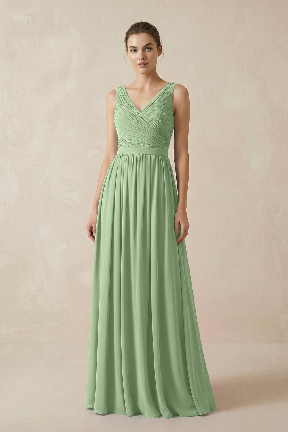 A-Line V-Neck Pleated Chiffon Bridesmaid Dress in Matcha
