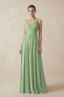 Matcha A-Line V-Neck Pleated Chiffon Bridesmaid Dress | KISSBRIDAL