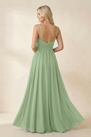 Matcha Cami Strap Chiffon A-Line Bridesmaid Dress with Slit (2) | KISSBRIDAL