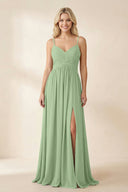 Matcha Cami Strap Chiffon A-Line Bridesmaid Dress with Slit | KISSBRIDAL