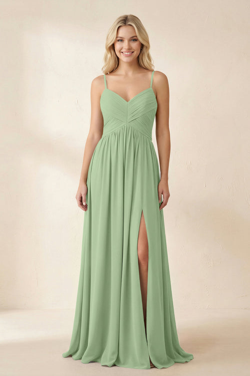 Matcha Cami Strap Chiffon A-Line Bridesmaid Dress with Slit | KISSBRIDAL