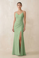 Matcha Cami Strap Chiffon Sheath Bridesmaid Gown | KISSBRIDAL