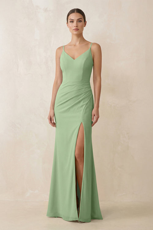 Matcha Cami Strap Chiffon Sheath Bridesmaid Gown | KISSBRIDAL