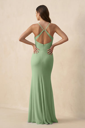 Matcha Cami Strap Sheath Chiffon Bridesmaid Dress with Slit (2) | KISSBRIDAL
