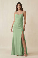 Matcha Cami Strap Sheath Chiffon Bridesmaid Dress with Slit | KISSBRIDAL