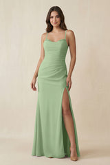 Matcha Cami Strap Sheath Chiffon Bridesmaid Dress with Slit | KISSBRIDAL