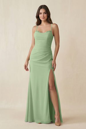 Matcha Cami Strap Sheath Chiffon Bridesmaid Dress with Slit | KISSBRIDAL