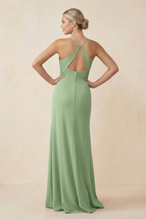 Matcha Cami Strap Sheath Ruched Bridesmaid Dress With Slit (2) | KISSBRIDAL
