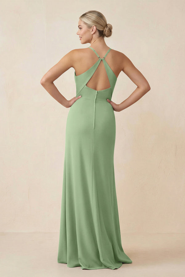 Matcha Cami Strap Sheath Ruched Bridesmaid Dress With Slit (2) | KISSBRIDAL