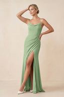 Matcha Cami Strap Sheath Ruched Bridesmaid Dress With Slit | KISSBRIDAL