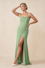 Matcha Cami Strap Sheath Ruched Bridesmaid Dress With Slit | KISSBRIDAL