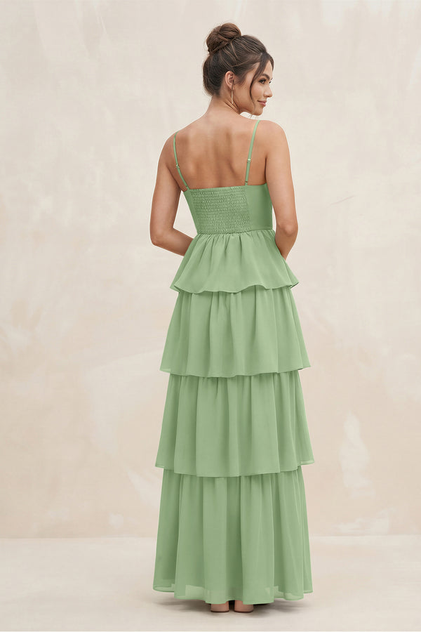 Matcha Cami Strap Tiered A-Line Chiffon Bridesmaid Dress (2) | KISSBRIDAL