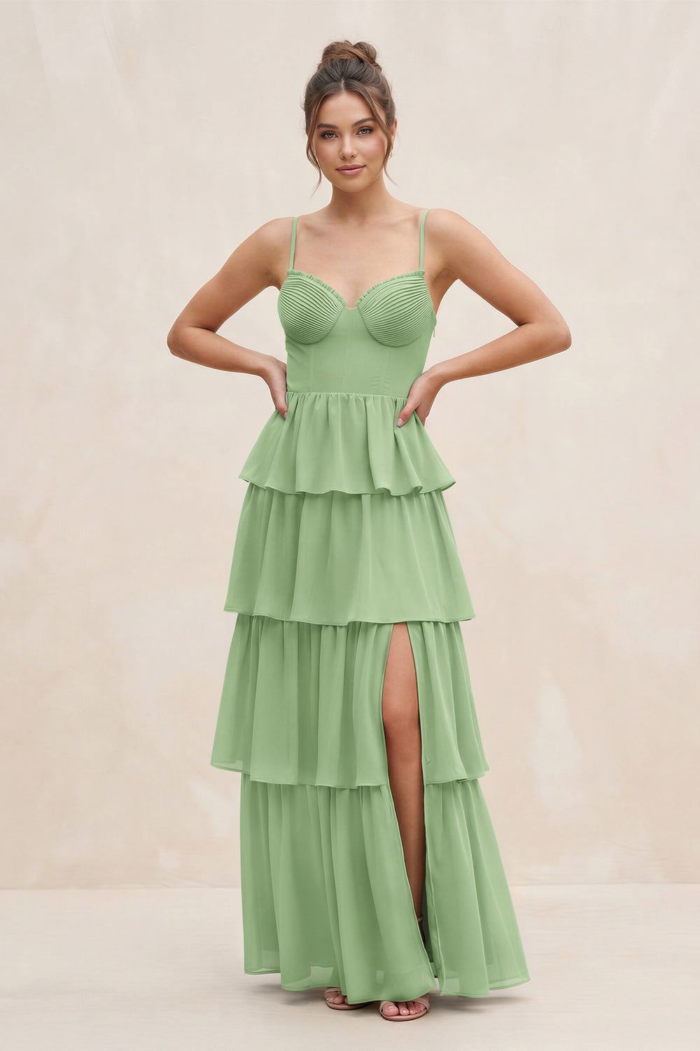 Cami Strap Tiered A-Line Chiffon Bridesmaid Dress in Matcha