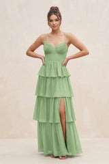 Matcha Cami Strap Tiered A-Line Chiffon Bridesmaid Dress | KISSBRIDAL