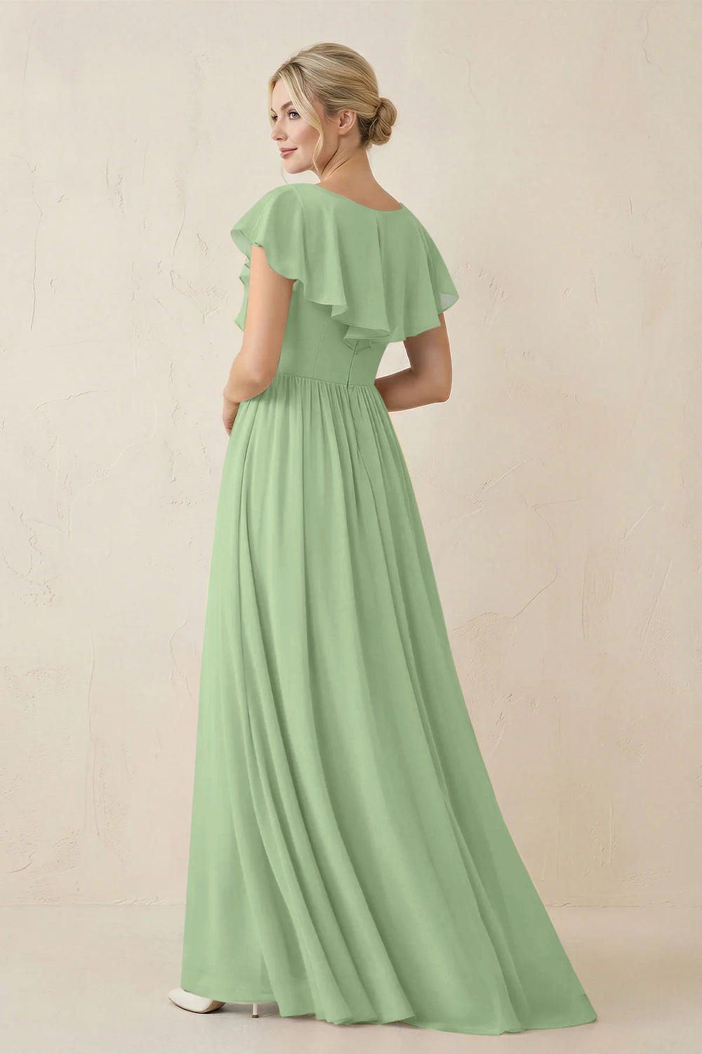 Cap Sleeve A-Line Ruffled Chiffon Bridesmaid Dress in Matcha
