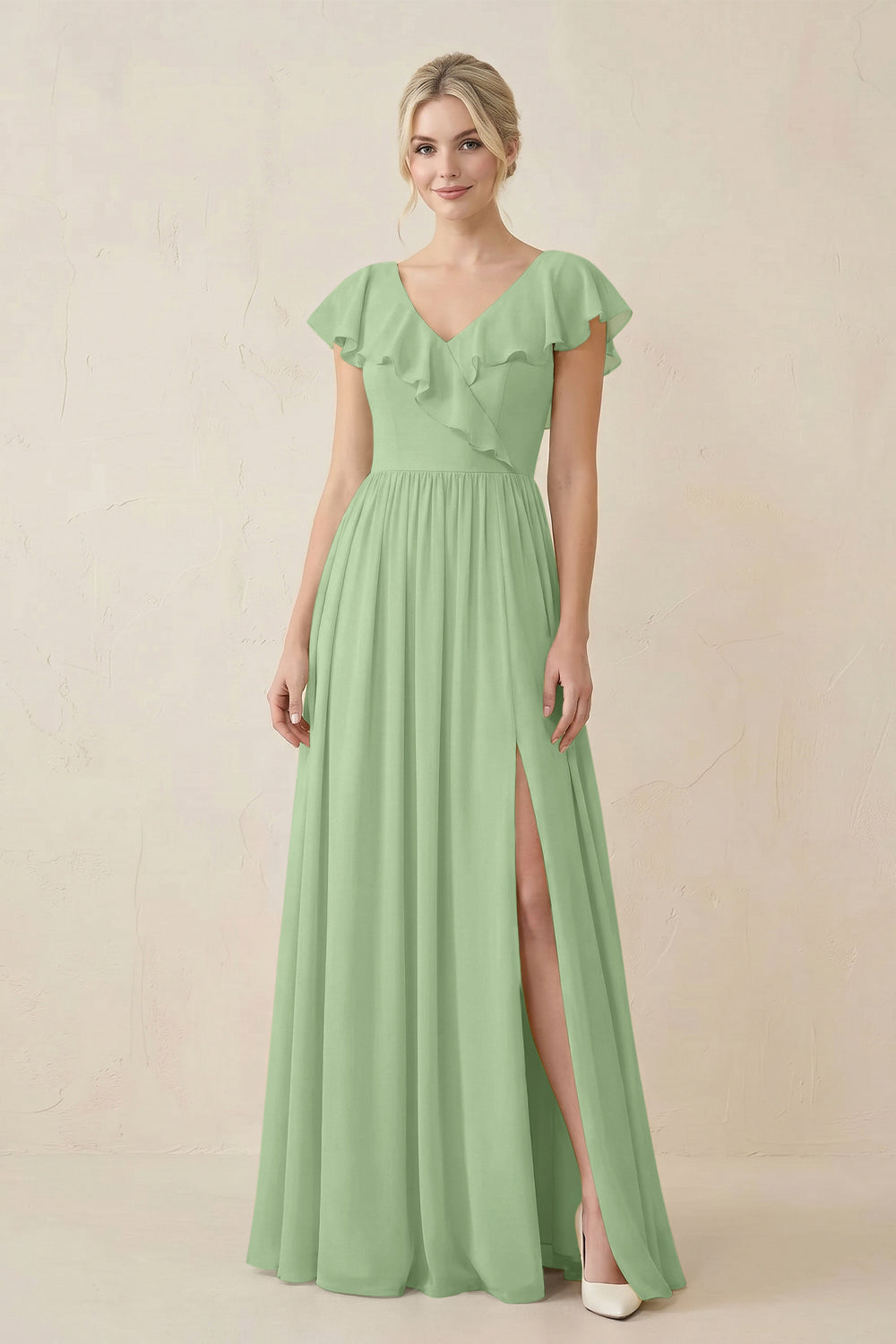 Cap Sleeve A-Line Ruffled Chiffon Bridesmaid Dress in Matcha