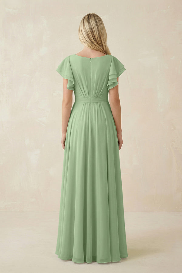Matcha Cap Sleeve Ruffled A-Line Chiffon Bridesmaid Dress (2) | KISSBRIDAL