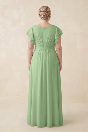 Matcha Cap Sleeve Ruffled A-Line Chiffon Bridesmaid Dress (2) | KISSBRIDAL