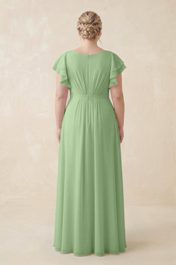 Matcha Cap Sleeve Ruffled A-Line Chiffon Bridesmaid Dress (2) | KISSBRIDAL