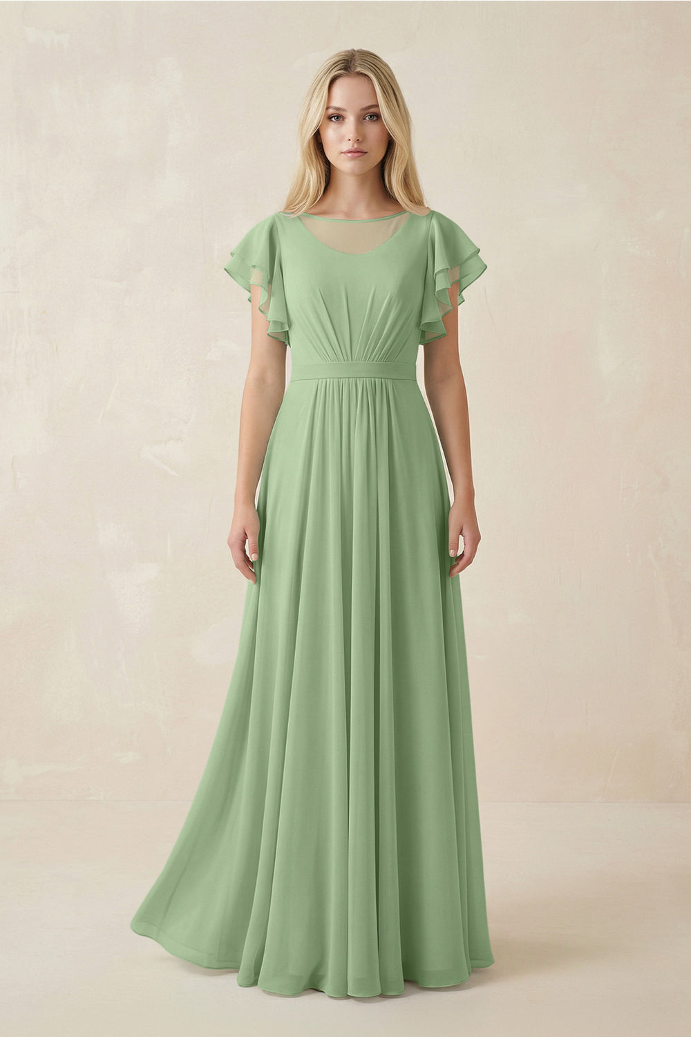 Cap Sleeve Ruffled A-Line Chiffon Bridesmaid Dress in Matcha