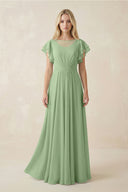 Matcha Cap Sleeve Ruffled A-Line Chiffon Bridesmaid Dress | KISSBRIDAL