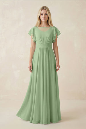 Matcha Cap Sleeve Ruffled A-Line Chiffon Bridesmaid Dress | KISSBRIDAL