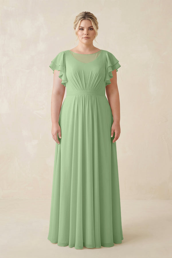 Matcha Cap Sleeve Ruffled A-Line Chiffon Bridesmaid Dress | KISSBRIDAL