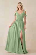 Matcha Chiffon A-Line Bridesmaid Dress with Slit | KISSBRIDAL