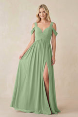 Matcha Chiffon A-Line Bridesmaid Dress with Slit | KISSBRIDAL