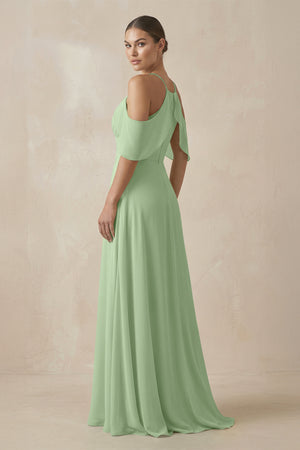 Matcha Chiffon A-Line Long Bridesmaid Dress (2) | KISSBRIDAL