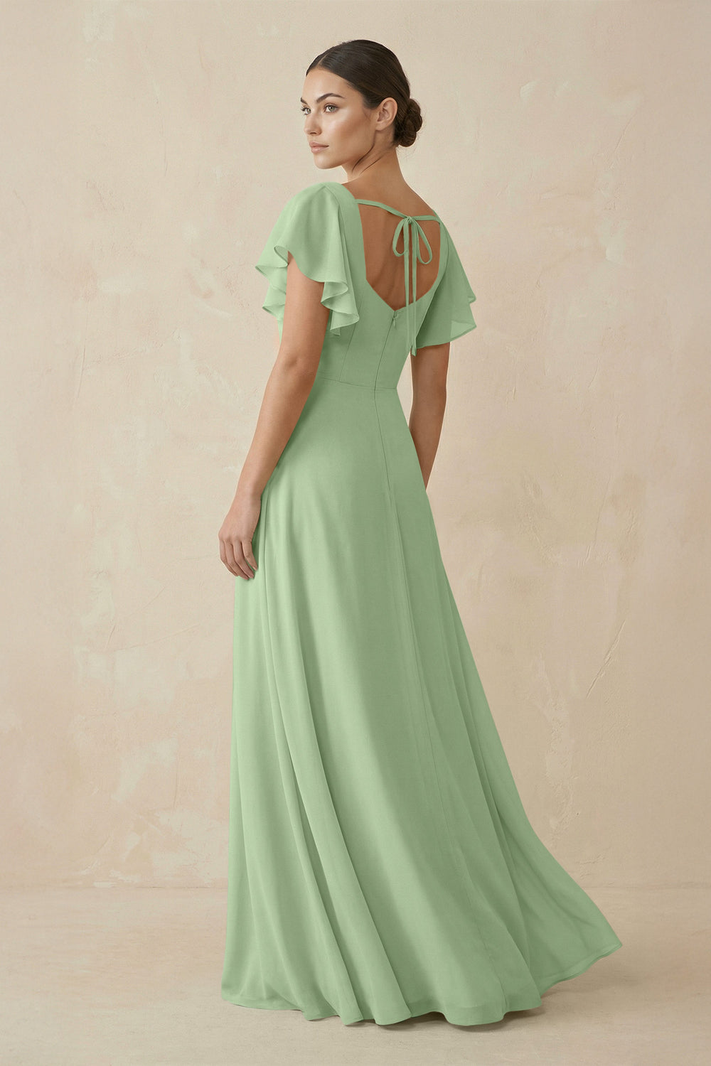 Chiffon A-Line Long Bridesmaid Dress with Flutter Sleeves in Matcha