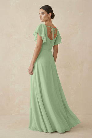 Matcha Chiffon A-Line Long Bridesmaid Dress with Flutter Sleeves (2) | KISSBRIDAL