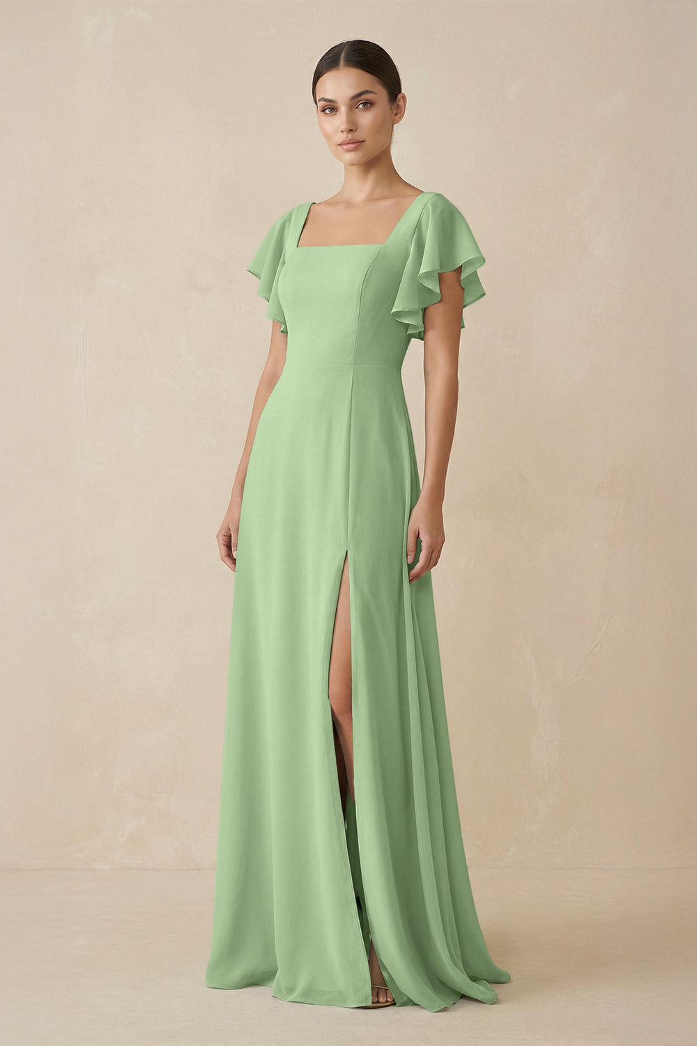 Chiffon A-Line Long Bridesmaid Dress with Flutter Sleeves in Matcha