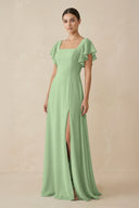 Matcha Chiffon A-Line Long Bridesmaid Dress with Flutter Sleeves | KISSBRIDAL