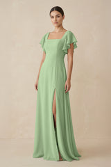 Matcha Chiffon A-Line Long Bridesmaid Dress with Flutter Sleeves | KISSBRIDAL