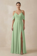 Matcha Chiffon A-Line Long Bridesmaid Dress | KISSBRIDAL